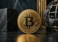 Bitcoin dorado en primer plano sobre fondo financiero oscuro.
