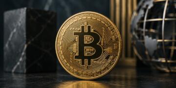 Bitcoin dorado en primer plano sobre fondo financiero oscuro.