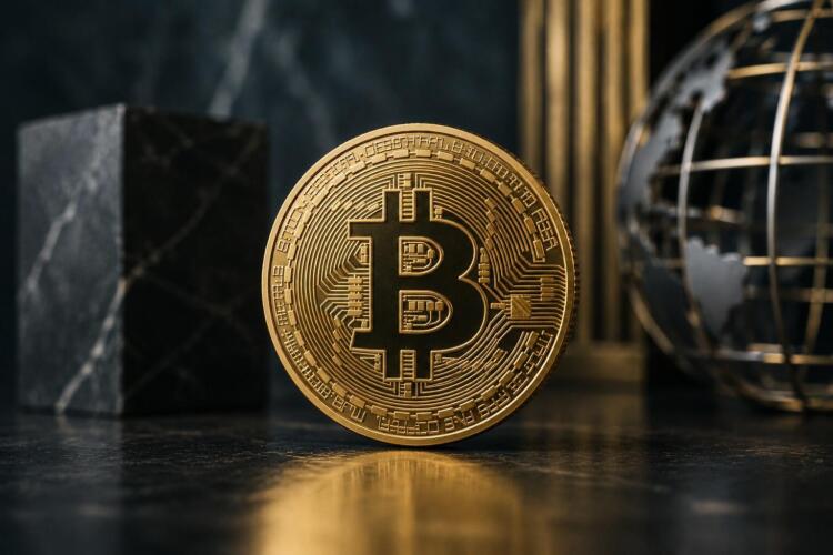 Bitcoin dorado en primer plano sobre fondo financiero oscuro.