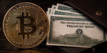 Bitcoin y bonos del Tesoro de EE.UU. en una composición financiera.