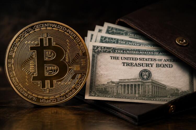 Bitcoin y bonos del Tesoro de EE.UU. en una composición financiera.