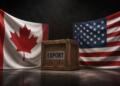 Banderas de Canadá y Estados Unidos detrás de una caja de carga.