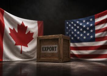 Banderas de Canadá y Estados Unidos detrás de una caja de carga.