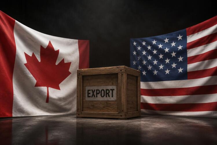 Banderas de Canadá y Estados Unidos detrás de una caja de carga.