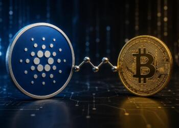 Cardano y Bitcoin conectados para transferencias en una red digital.