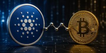 Cardano y Bitcoin conectados para transferencias en una red digital.