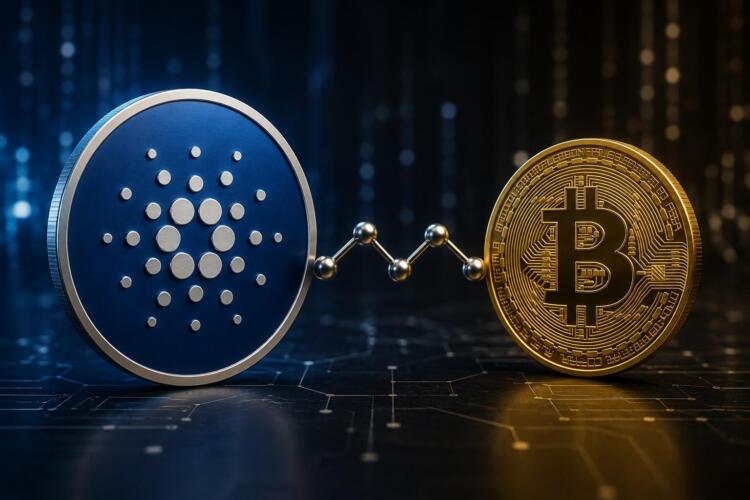 Cardano y Bitcoin conectados para transferencias en una red digital.