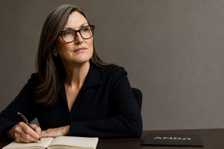 Cathie Wood junto al logo de AMD integrado en su escritorio de trabajo.