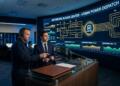 Dos hombres analizan el panel de control del Anthropic AI Data Center con 470MW de potencia.