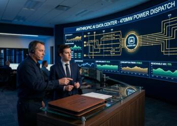 Dos hombres analizan el panel de control del Anthropic AI Data Center con 470MW de potencia.