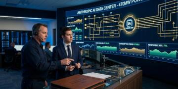 Dos hombres analizan el panel de control del Anthropic AI Data Center con 470MW de potencia.
