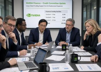 Ejecutivos reunidos en una sala revisan propuestas de financiación de Nvidia.