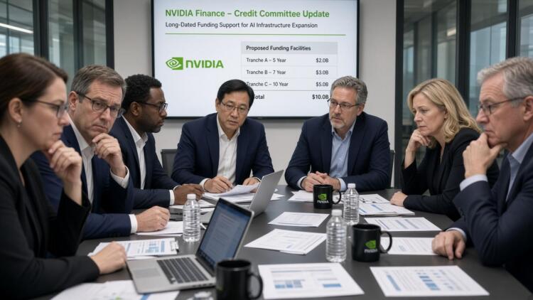 Ejecutivos reunidos en una sala revisan propuestas de financiación de Nvidia.