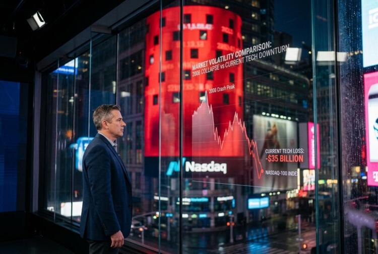 Hombre observa pantalla transparente con gráfica de caída de Nasdaq y pérdida de 35 mil millones.
