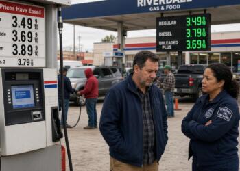 Un hombre y una trabajadora conversan en una gasolinera con precios de combustible visibles.