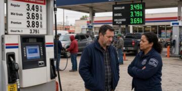 Un hombre y una trabajadora conversan en una gasolinera con precios de combustible visibles.