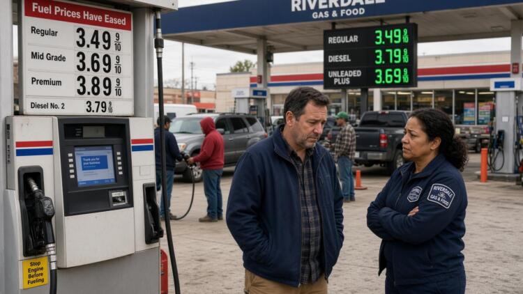 Un hombre y una trabajadora conversan en una gasolinera con precios de combustible visibles.
