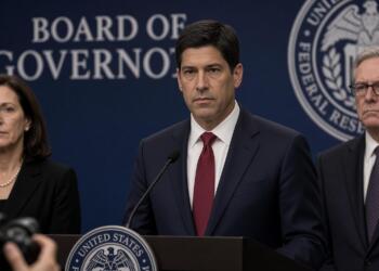 Funcionario de la Reserva Federal habla en un atril acompañado por dos colegas.