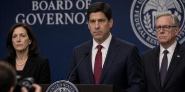 Funcionario de la Reserva Federal habla en un atril acompañado por dos colegas.