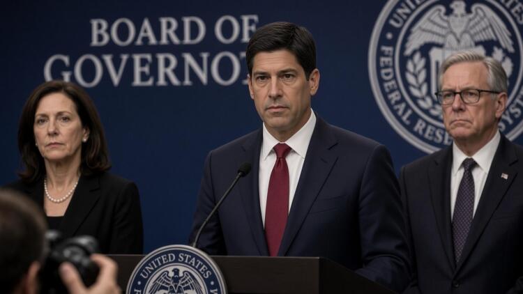 Funcionario de la Reserva Federal habla en un atril acompañado por dos colegas.