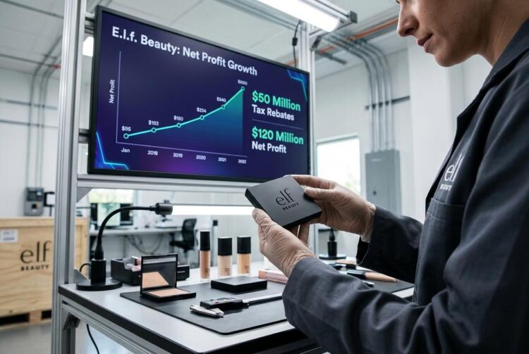 Persona en laboratorio de E.I.F. Beauty revisa un empaque frente a una pantalla con gráficos.