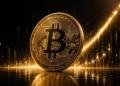 Bitcoin dorado iluminado en una escena financiera oscura y elegante