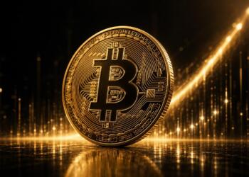 Bitcoin dorado iluminado en una escena financiera oscura y elegante
