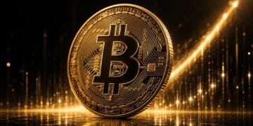 Bitcoin dorado iluminado en una escena financiera oscura y elegante
