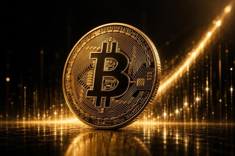 Bitcoin dorado iluminado en una escena financiera oscura y elegante