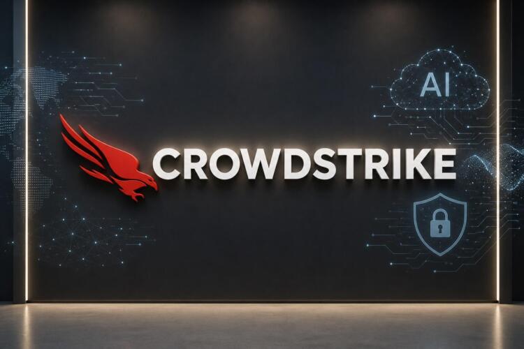 Logo de CrowdStrike junto a elementos de ciberseguridad e IA.