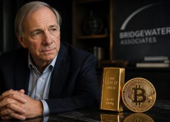 Ray Dalio junto a oro y Bitcoin en una escena financiera editorial.