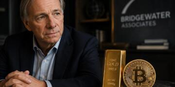 Ray Dalio junto a oro y Bitcoin en una escena financiera editorial.