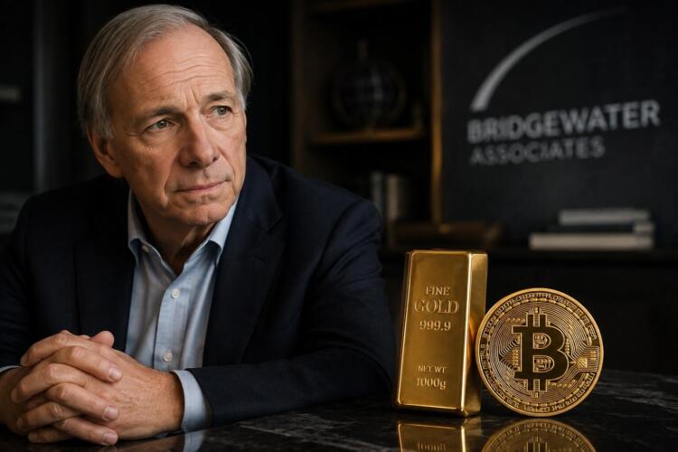 Ray Dalio junto a oro y Bitcoin en una escena financiera editorial.