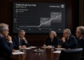 Cinco ejecutivos reunidos en una mesa observan un gráfico del Deutsche Bank en pantalla.