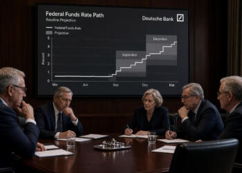 Cinco ejecutivos reunidos en una mesa observan un gráfico del Deutsche Bank en pantalla.