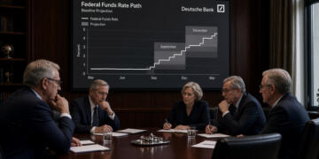 Cinco ejecutivos reunidos en una mesa observan un gráfico del Deutsche Bank en pantalla.