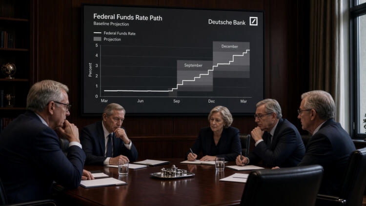 Cinco ejecutivos reunidos en una mesa observan un gráfico del Deutsche Bank en pantalla.