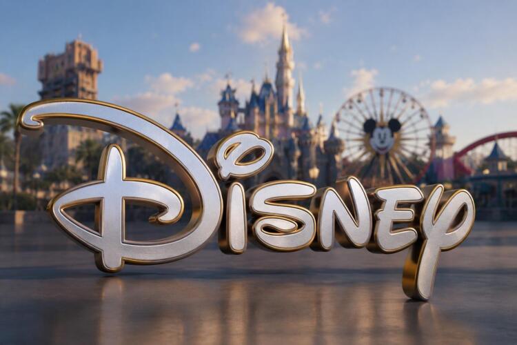 Gran logotipo de Disney con parque temático desenfocado.