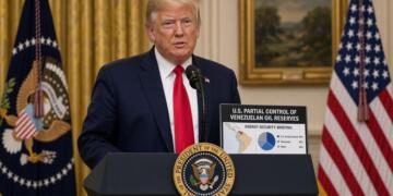 Donald Trump habla en un atril oficial sobre el control parcial de reservas de petróleo.