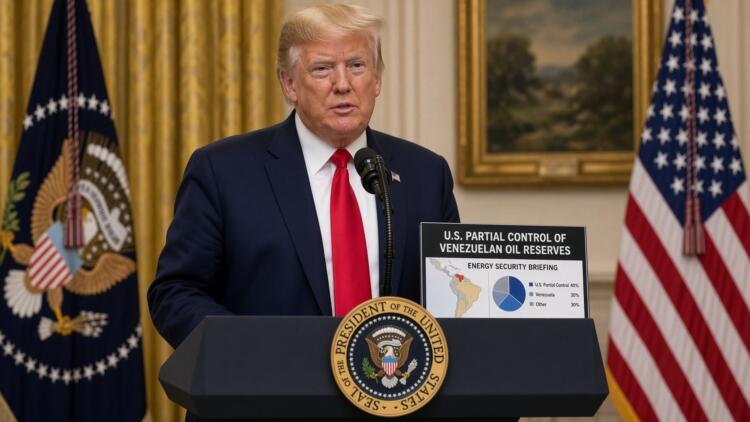 Donald Trump habla en un atril oficial sobre el control parcial de reservas de petróleo.