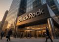 Empleados con traje caminan frente a la entrada del edificio corporativo de BlackRock.