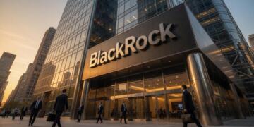 Empleados con traje caminan frente a la entrada del edificio corporativo de BlackRock.