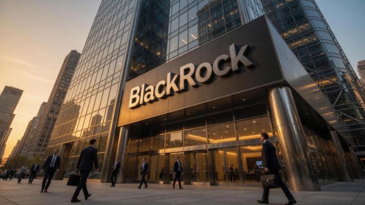 Empleados con traje caminan frente a la entrada del edificio corporativo de BlackRock.