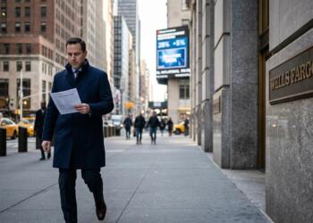 Hombre con abrigo camina por la acera frente a un edificio con el letrero de Wells Fargo.