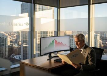 Hombre de traje en una oficina de Bank of America revisa informes con gráficos en pantalla.