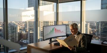 Hombre de traje en una oficina de Bank of America revisa informes con gráficos en pantalla.