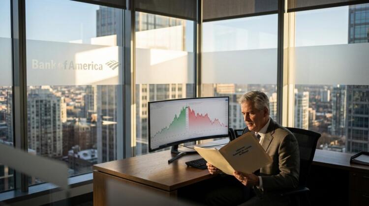Hombre de traje en una oficina de Bank of America revisa informes con gráficos en pantalla.