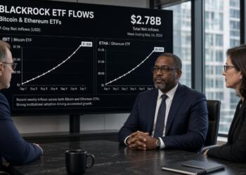 Tres ejecutivos en una sala de juntas observan gráficos sobre flujos de ETF de BlackRock.
