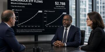Tres ejecutivos en una sala de juntas observan gráficos sobre flujos de ETF de BlackRock.