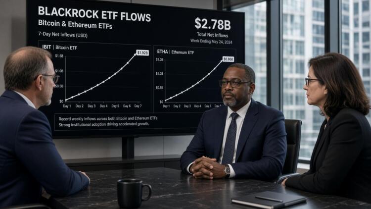 Tres ejecutivos en una sala de juntas observan gráficos sobre flujos de ETF de BlackRock.
